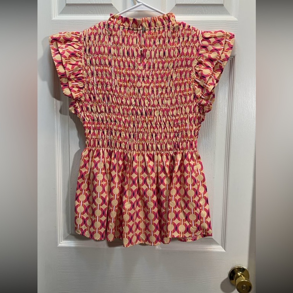 JODIFL Pink & Cream Smocked Flutter Peplum Tunic - Picture 3 of 3